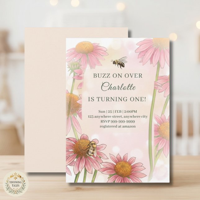 Convite de 1º Aniversário Aquarela Echinacea & Abe (Watercolor Echinacea & Bumblebee 1st Birthday Invitation)