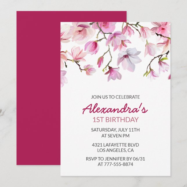 convite de 1º aniversário Aquarela Floral Simples (Frente/Verso)