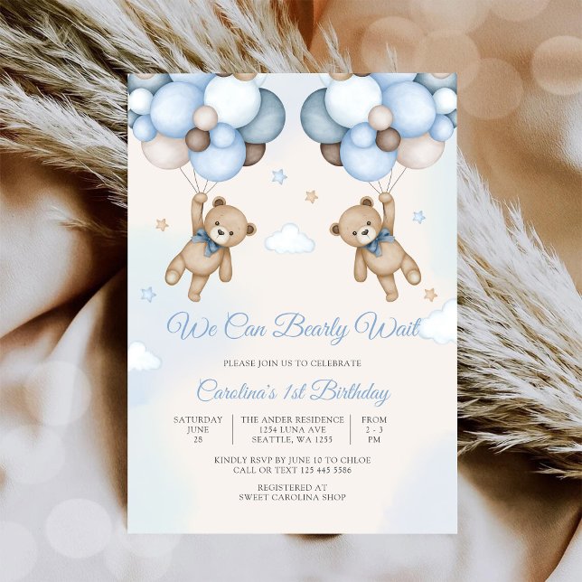Convite de 1º Aniversário Balão de Ursinho de Pelú (Criador carregado)