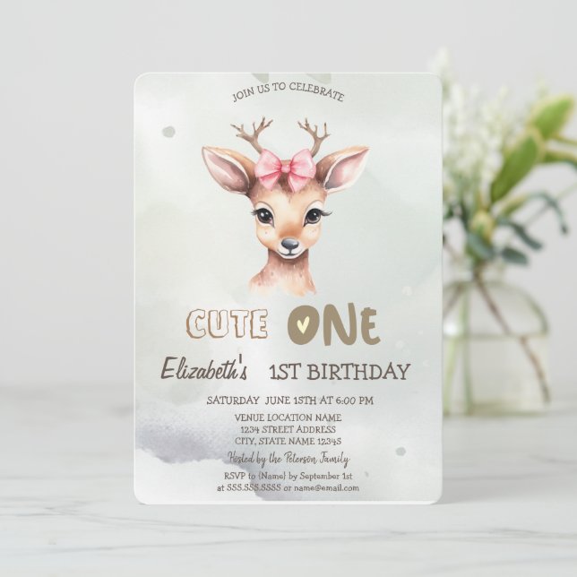 Convite de 1º Aniversário Bebê Veado Aquarela Verd (Em pé/Frente)