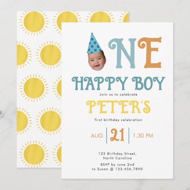 Convite de 1º Aniversário Boho de Menino Feliz com (Frente/Verso)