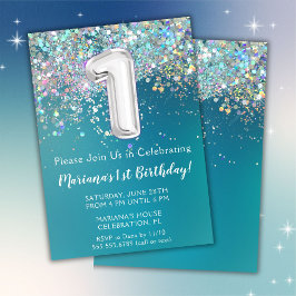 Convite de 1º Aniversário Brilho Teal Prata