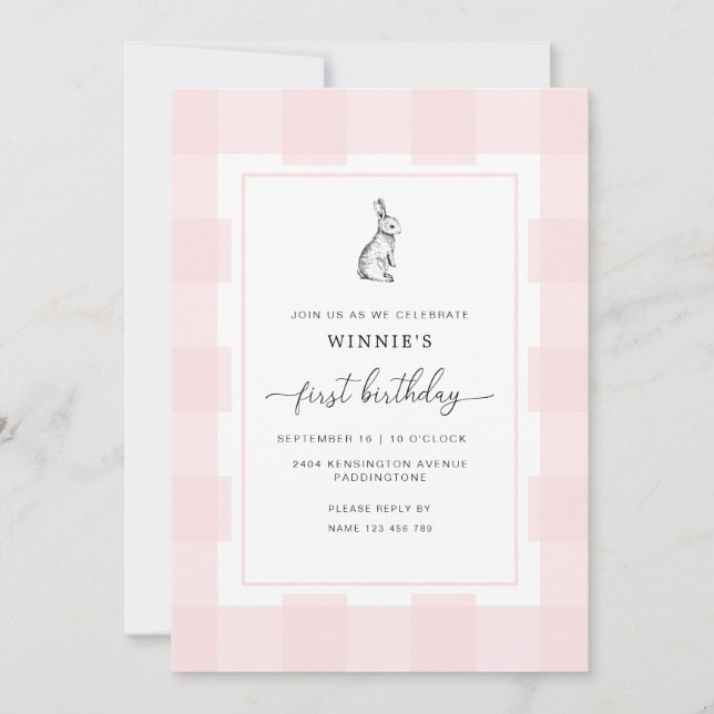 Convite de 1º Aniversário Coelho Bunny Rosa Xadrez (Frente)