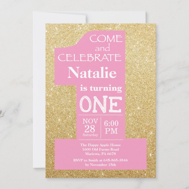 Convite de 1º Aniversário com Brilho Dourado e Ros (Frente)