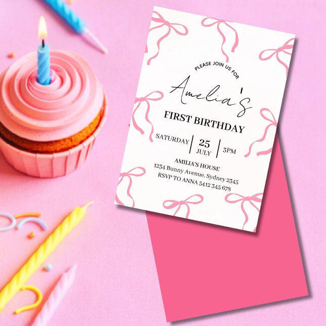 Convite de 1º aniversário Coquette com laço rosa (Pink bow invitation for girls, perfect for first birthday or any age party)