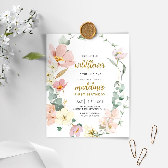 Convite de 1º aniversário da Bebê Wildflower Orçam (Criador carregado)