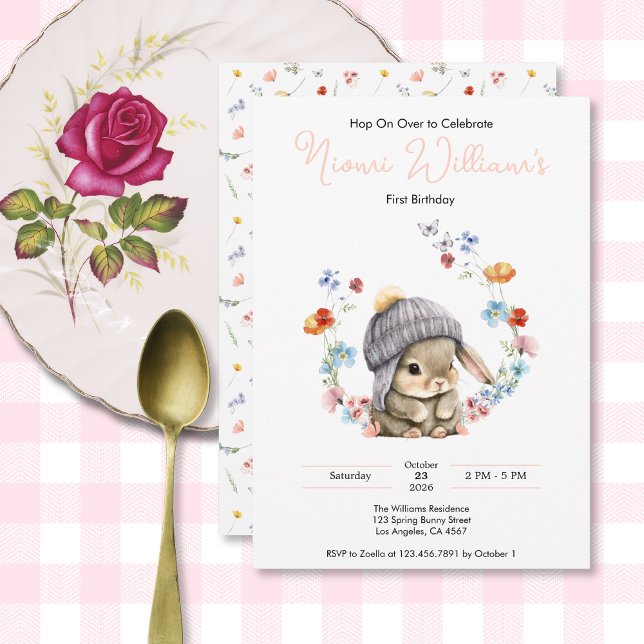 Convite de 1º Aniversário da Bunny Wildflower (Bunny Wildflower 1st Birthday Invitation 3)