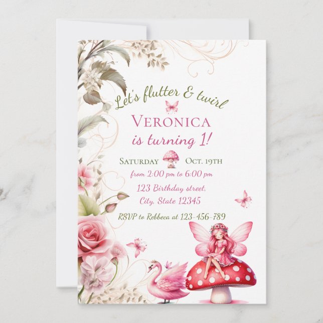 Convite de 1º Aniversário da Fada Floral Princesa  (Frente)