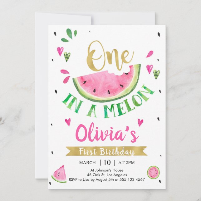 Convite de 1º Aniversário da Melancia Um em Uma Me (Frente)
