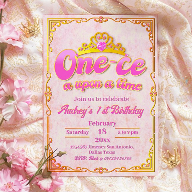 Convite de 1º Aniversário da Menina Era uma Vez (One-ce Upon a Time - Girl 1st Birthday Invitation)