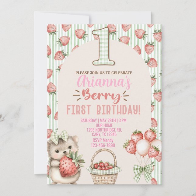 Convite de 1º aniversário da menina morango. (Frente)