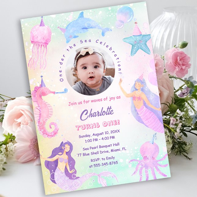 Convite de 1º Aniversário da Menina Sereia Debaixo (Under the Sea Mermaid Girl 1st Birthday Invitation)