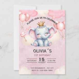 Convite de 1º Aniversário da Princesa Elefante Beb