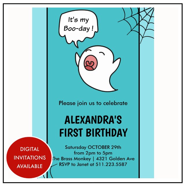 Convite de 1º aniversário de Halloween teia de ara (halloween-1st-birthday-invitations-spider-web-ghost-1)
