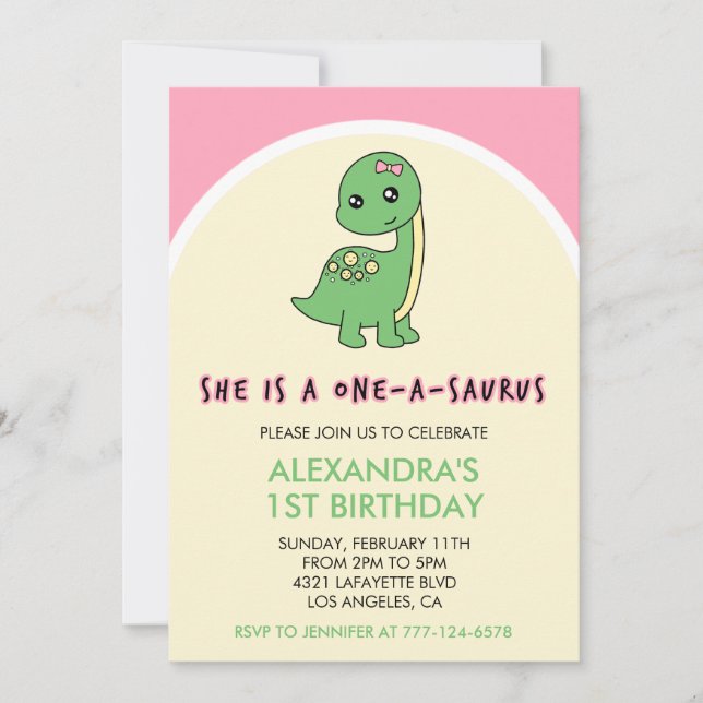 Convite de 1º aniversário de menina dinossauro um  (Frente)