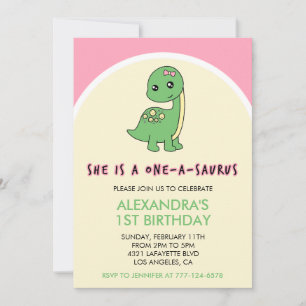 Convite de 1º aniversário de menina dinossauro um 
