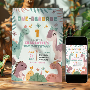 Convite de 1º Aniversário de Menina Pastel Dinossa