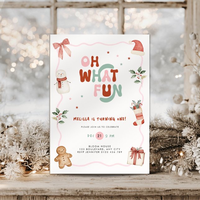 Convite de 1º Aniversário de Natal Oh Que Diversão (Pink oh what fun christmas first birthday invitation for girls)