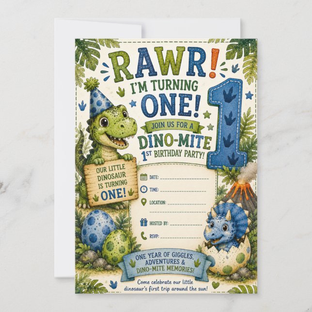 Convite de 1º Aniversário Dino-Mite (Frente)