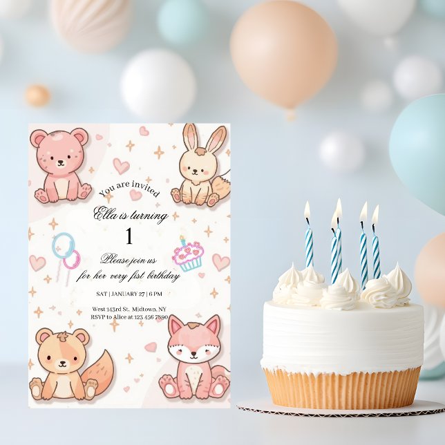 Convite de 1º Aniversário do Bebê Animal Kawaii (Criador carregado)