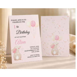 Convite de 1º Aniversário do Coelho Rosa Bebê Ed