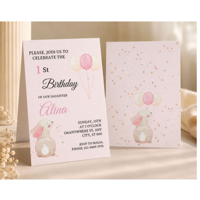 Convite de 1º Aniversário do Coelho Rosa | Bebê Ed (Criador carregado)