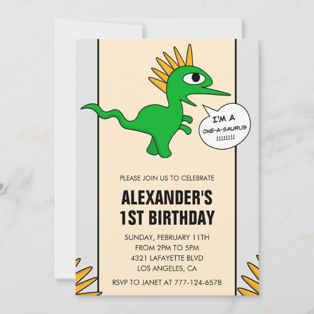 Convite de 1º aniversário do Dinossauro Dino-um-ou (Frente)