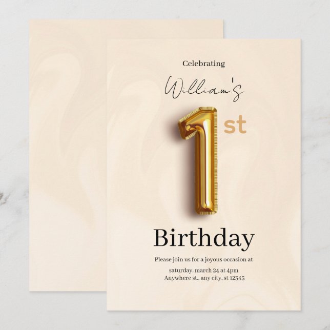 Convite de 1º Aniversário Elegante em Dourado, Min (Frente/Verso)