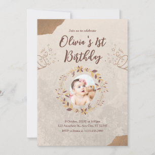 Convite de 1º Aniversário em Papel Rasgado Marrom