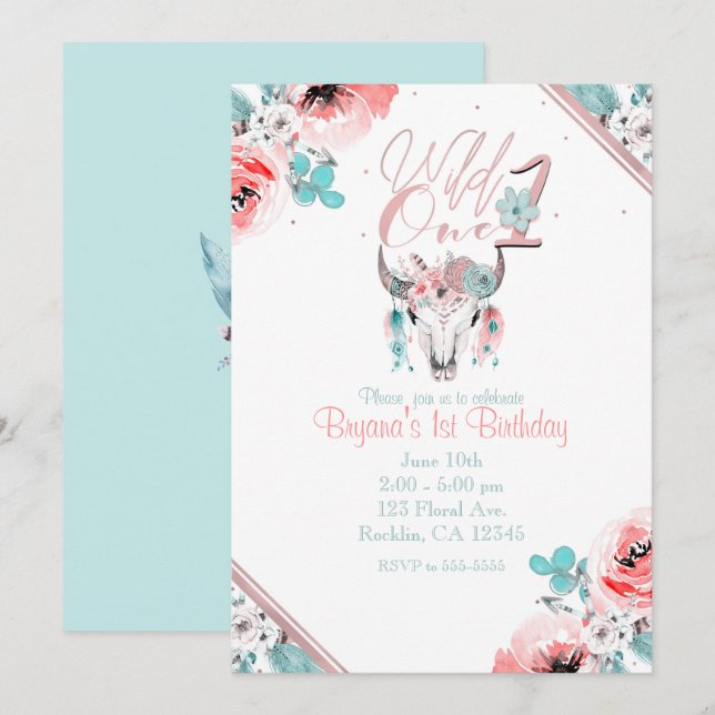 Convite de 1º Aniversário Floral Boho Chic WILD ON (Frente/Verso)