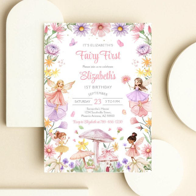 Convite de 1º Aniversário Floral Fada Menina (Criador carregado)