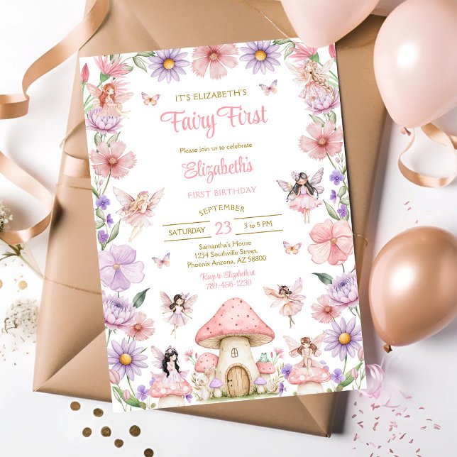 Convite de 1º Aniversário Floral Menina Fada (Criador carregado)