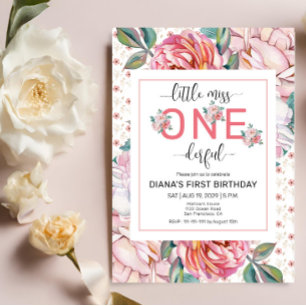 Convite de 1º Aniversário Floral Rosa
