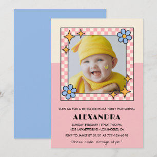 convite de 1º aniversário Flores Cor-de-Rosa Retro