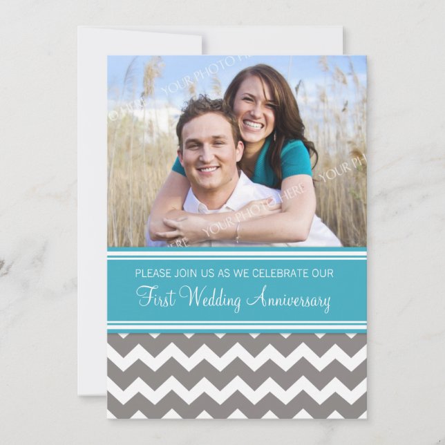 Convite de 1º Aniversário Foto Azul Cinza (Frente)