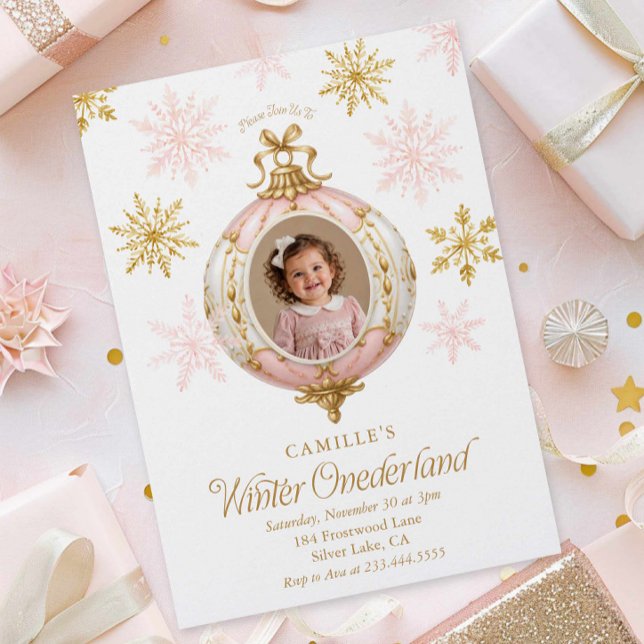 Convite de 1º Aniversário Foto Floco de Neve Winte (Winter Onderland Snowflake photo birthday invitation)