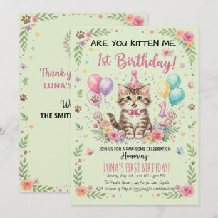 Convite de 1º Aniversário, Gatinha Floral Verde