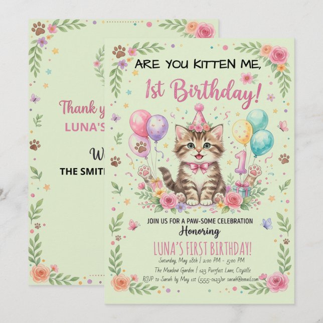 Convite de 1º Aniversário, Gatinha Floral Verde (Frente/Verso)