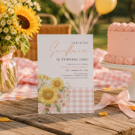 Convite de 1º Aniversário Girassol Xadrez Rosa