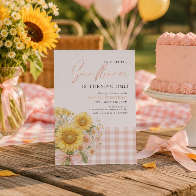 Convite de 1º Aniversário Girassol Xadrez Rosa (Criador carregado)