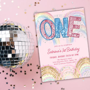 Convite de 1º Aniversário Glitter Sequin Arco-íris