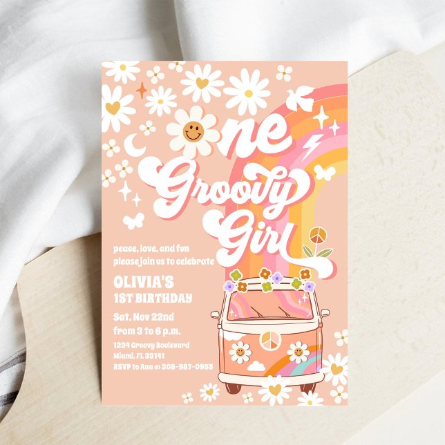 Convite de 1º Aniversário Groovy Daisy (Criador carregado)