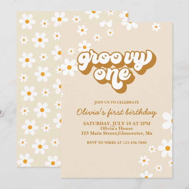Convite de 1º Aniversário Groovy One Retro Daisy (Frente/Verso)