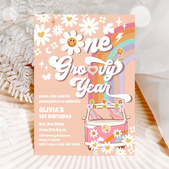 Convite de 1º Aniversário Groovy Rainbow (Criador carregado)