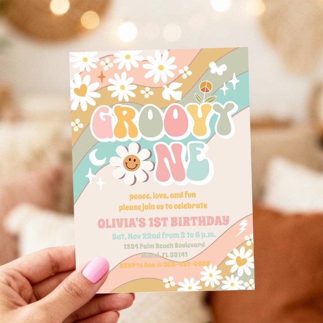 Convite de 1º Aniversário Groovy Rainbow Daisy (Criador carregado)