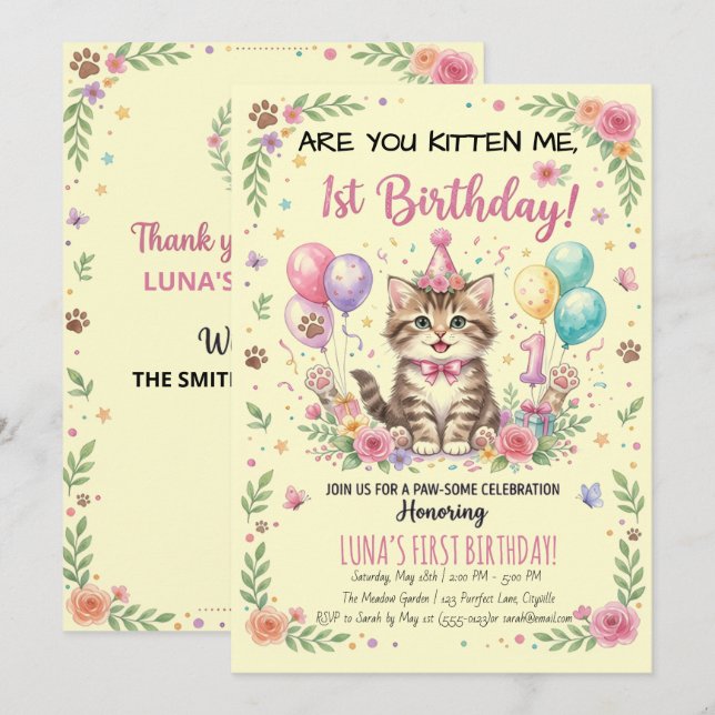 Convite de 1º Aniversário, Kitty Menina Floral Cre (Frente/Verso)