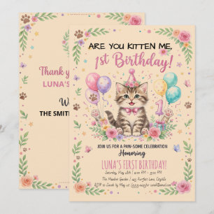 Convite de 1º Aniversário, Kitty Menina Floral Ros