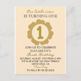 Convite de 1º Aniversário Little Cutie Gold Floral
