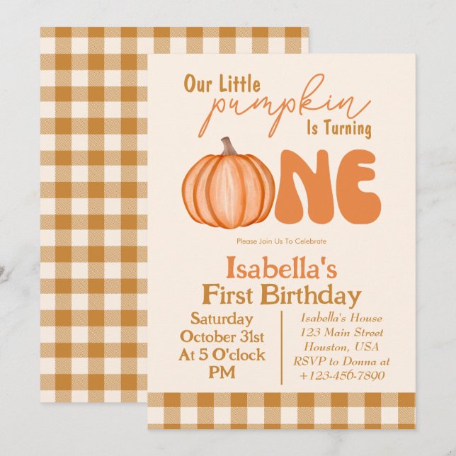 Convite de 1º Aniversário Little Pumpkin Autumn Fa (Frente/Verso)