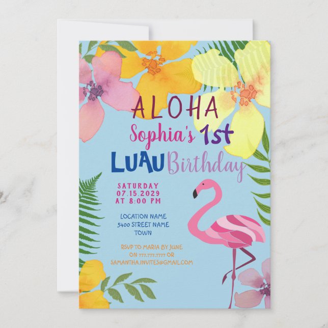Convite de 1º Aniversário Luau Girl (Frente)